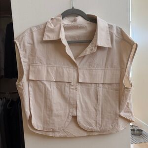 Sleeveless Beige Button-Up Shirt